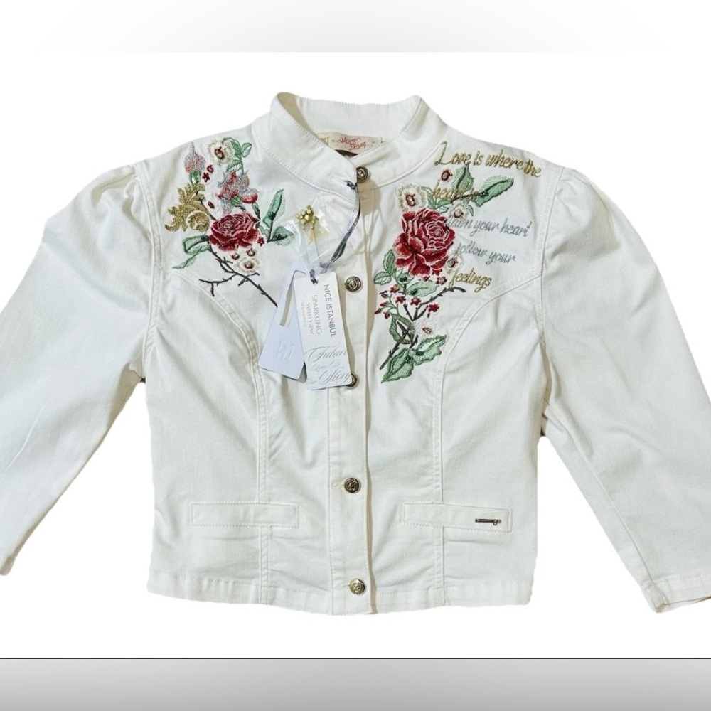 Nice Istanbul NWT White Denim Jacket S Rhinestones Embroidered Floral Couture